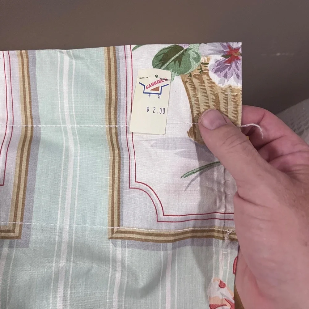 Vtg‎ Cottagecore Floral Basket Ruffle Eyelet Curtain Panels Blue Stripe Set of 2